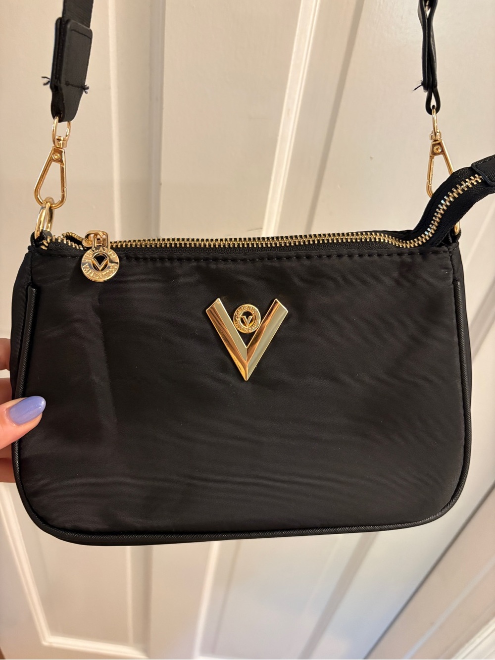 Valentino Orlandi Black Crossbody with Gold V-Logo
